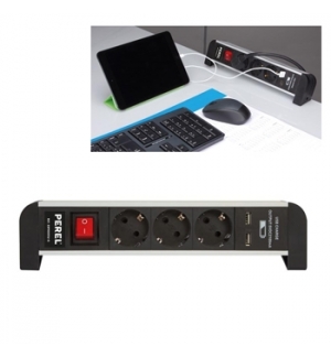 Bloco de secretaria c/ 3 tomadas Schuko e 2 portas USB 