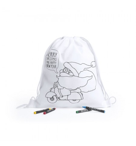 Saco Mochila Infantil de Natal Branca com Lápis de Cera