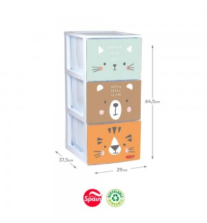 Bloco 3 Gavetas Plástico 29x37,5x64,5cm Volga Zoo Sortido