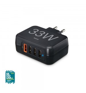 Carregador USB-A 4 Portas QC 33W Rápido Preto