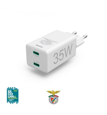 Carregador USB-C 2 Portas PD/QC 35W Rápido Benfica Branco