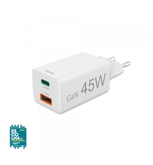 Carregador USB-C+ USB-A PD/QC/GaN 45W Rápido Branco
