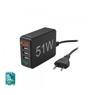 Carregador USB-C 1 Porta + USB-A 4 Portas 51W Rápido Preto
