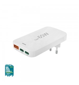 Carregador USB-C 2 Portas + USB-A 1 Porta 65W Rápido Branco