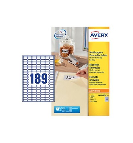 Etiquetas Removíveis 025,4x010mm Avery 25 Folhas 4725un