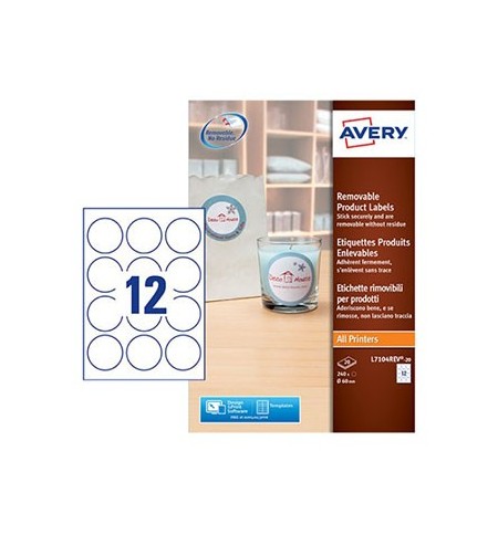 Etiquetas Redondas Removíveis 60mm Avery 20 Folhas 240un