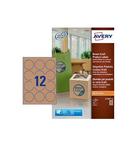 Etiquetas Redondas 60mm Kraft Avery 20 Folhas Castanho 240un