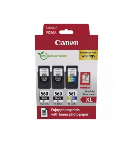 Pack Tinteiros Canon 560XLx2/561XL Preto/Cor+Papel 3712C012