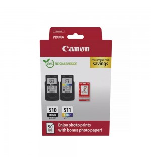 Pack Tinteiros Canon 510/511 Preto/Cor + Papel 2970B017